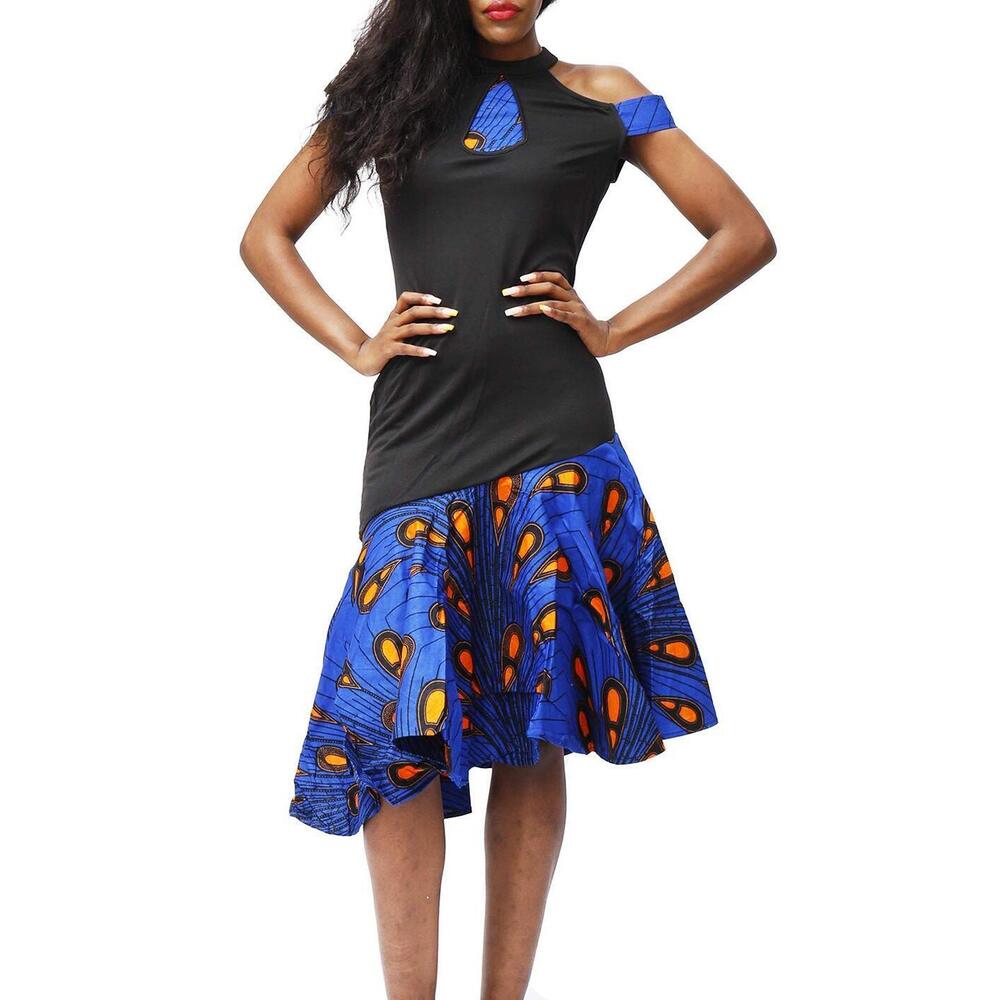 4543 African Cold Shoulder Dress Ankara Evening Party Midi Dress XXX-Large